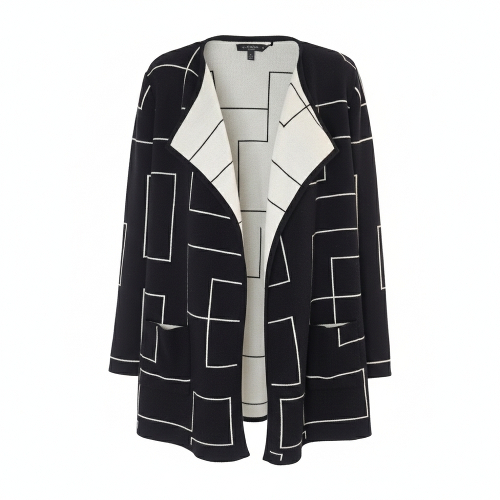 [Alfani] Black & White Geometric Open Front Knit Cardigan Coat Women Small